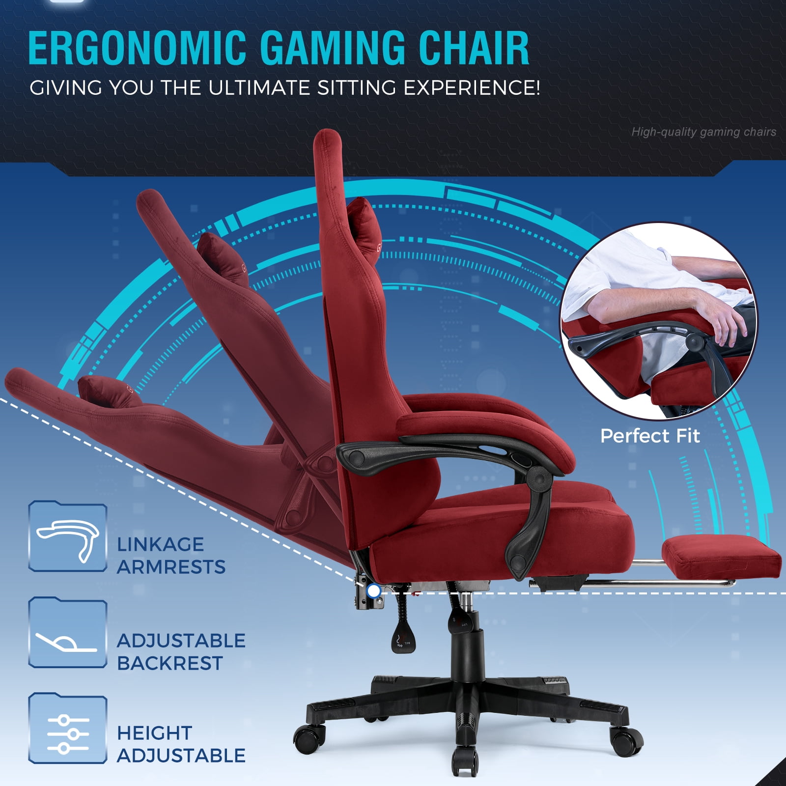 GTPLAYER Gaming Chair Fabric with Pocket Spring Cushion, Big and Tall Gaming Chair 350LBS High Back Computer Chair with Footrest for Adults Lumbar Support Swivel Game Chair for Office Gaming Red