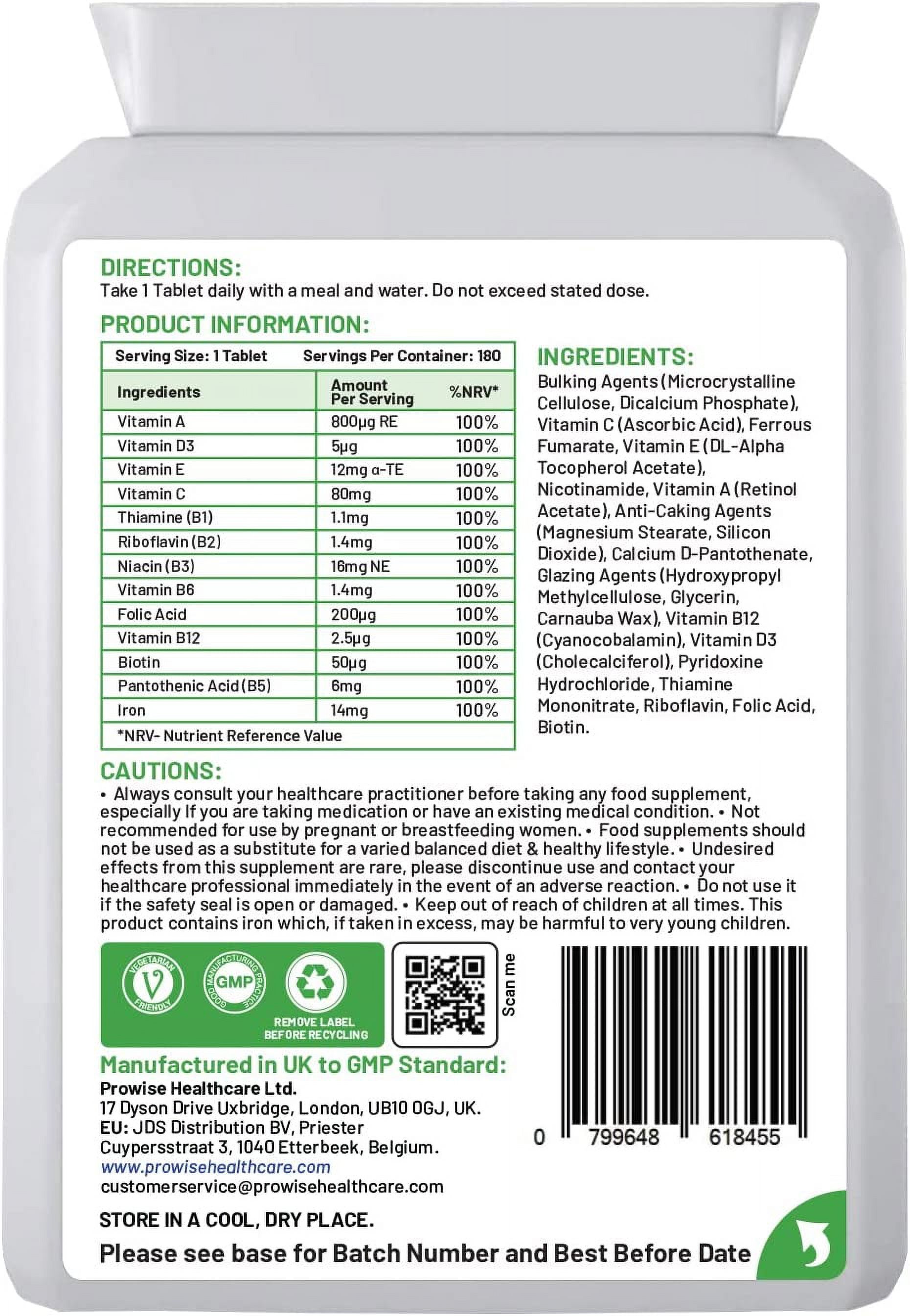 Multivitamin & Iron 180 Tablets ( 6 Months Dose ) Immune Support - One A Day Multi-Vitamin Supplement – UK Manufactured | GMP Standards by Prowise Healthcare - Suitable for Vegetarians