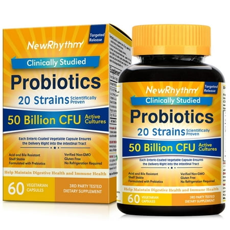 NewRhythm Probiotics 50 Billion CFU 20 Strains, 60 Veggie caps, Targeted Release Technology, Stomach Acid Resistant, No Need For Refrigeration, Non-GMO, Gluten