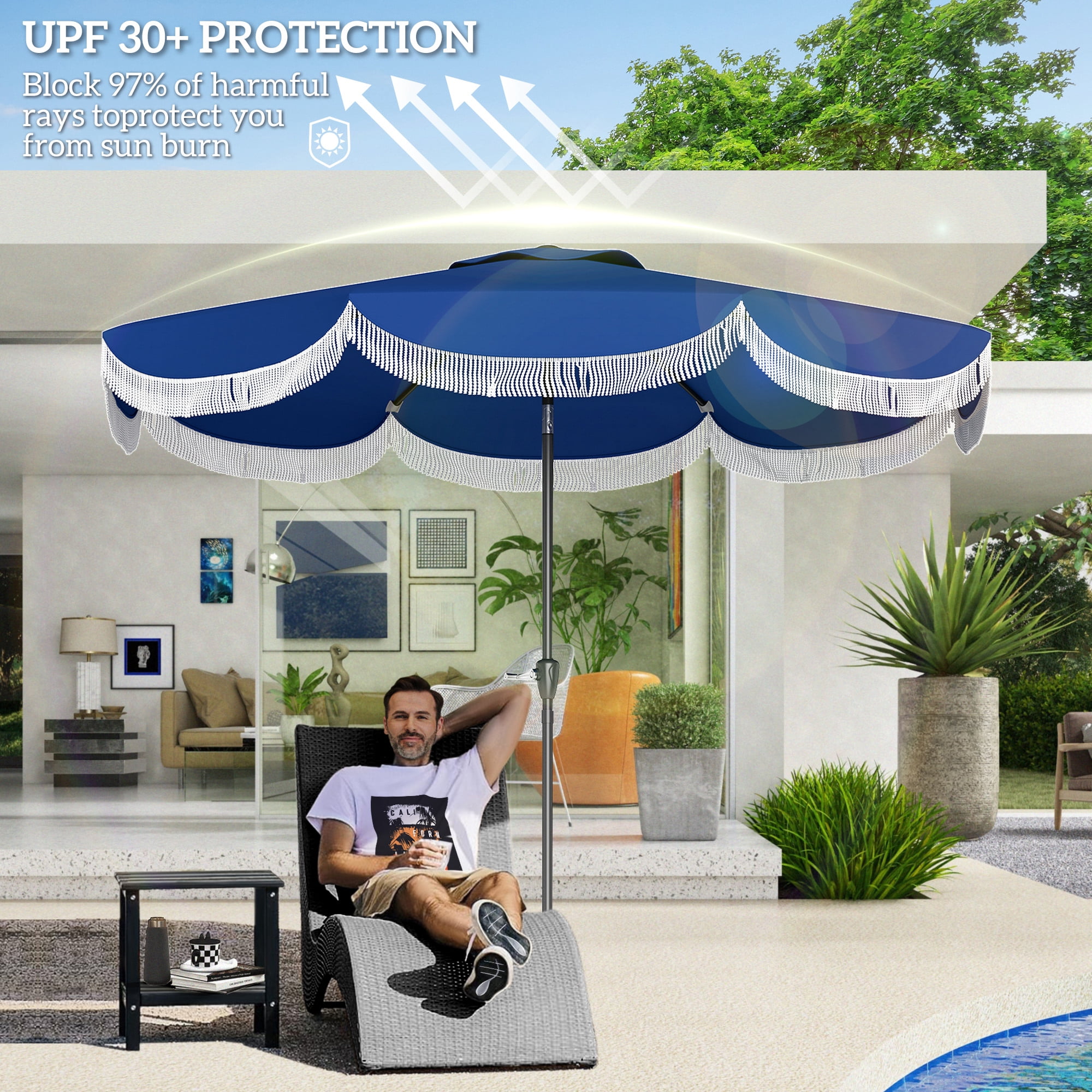 Outsunny 9FT Patio Umbrella, UPF 30+ Outdoor Market Umbrella, Vented Patio Table Umbrella with Crank, 8 Ribs, Push Button Tilt, Navy Blue