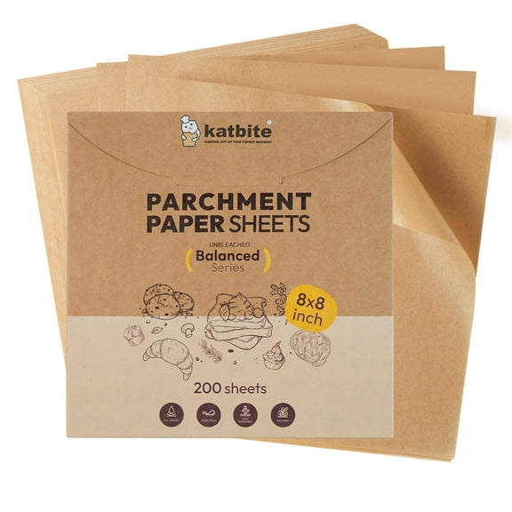 Katbite parchment paper baking sheets, 8 x 8 inch, 200 count, unbleached, non-stick, oil-resistant, precut square liners
