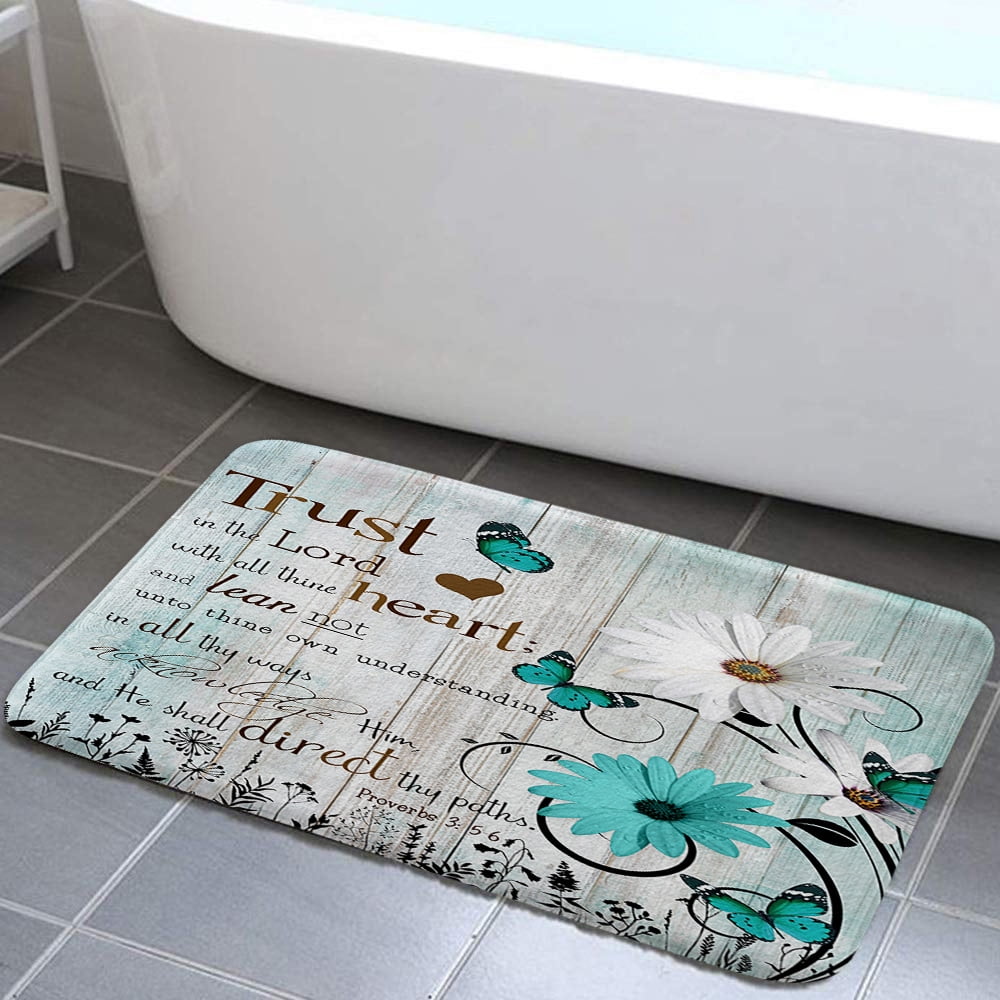 Rustic Farmhouse Bathroom Rugs, Farm Blue Daisy Floral Flowers and