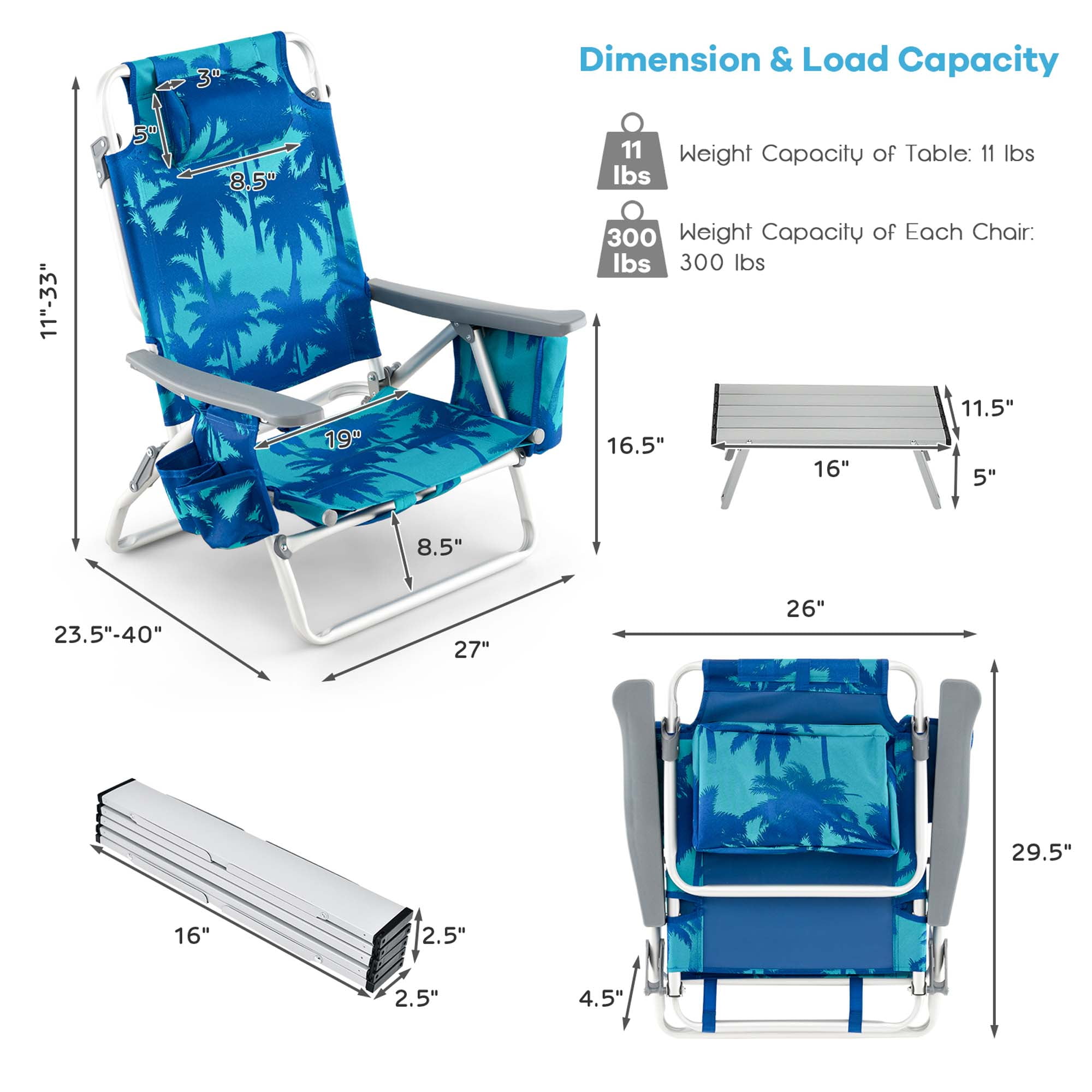 Costway 2-Pack Folding Backpack Beach Chair Table Set 5-Position Outdoor Reclining Chair Navy
