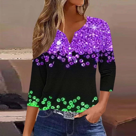 Mceream Mardi Gras Shirts for Women 3/4 Sleeve Mask Printed Fashion Round Neck Mardi Gras Tops for Women Plus Size Themed Party Outfits T Shirt Black XXXL