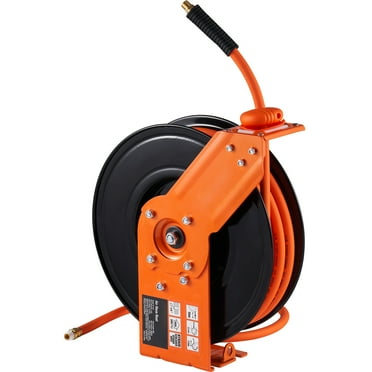 KFFKFF Retractable Air Hose Reel, 3/8 IN x 50 FT Mixed Air Hose Max 300PSI, Air Pump Hose Reel with 5 In Lead in, Mountable on Ceiling / Wall, Robust Dual Arm Steel Reel