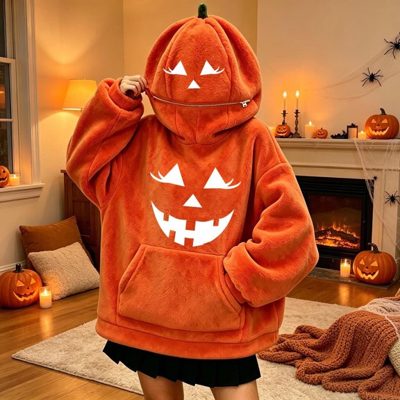 HCYSFG Girls Halloween Hoodies Pumpkin Face Design Zipper Hood Long Sleeve Loose Kangaroo Pocket Sweatshirt Fall Winter Party Pullover