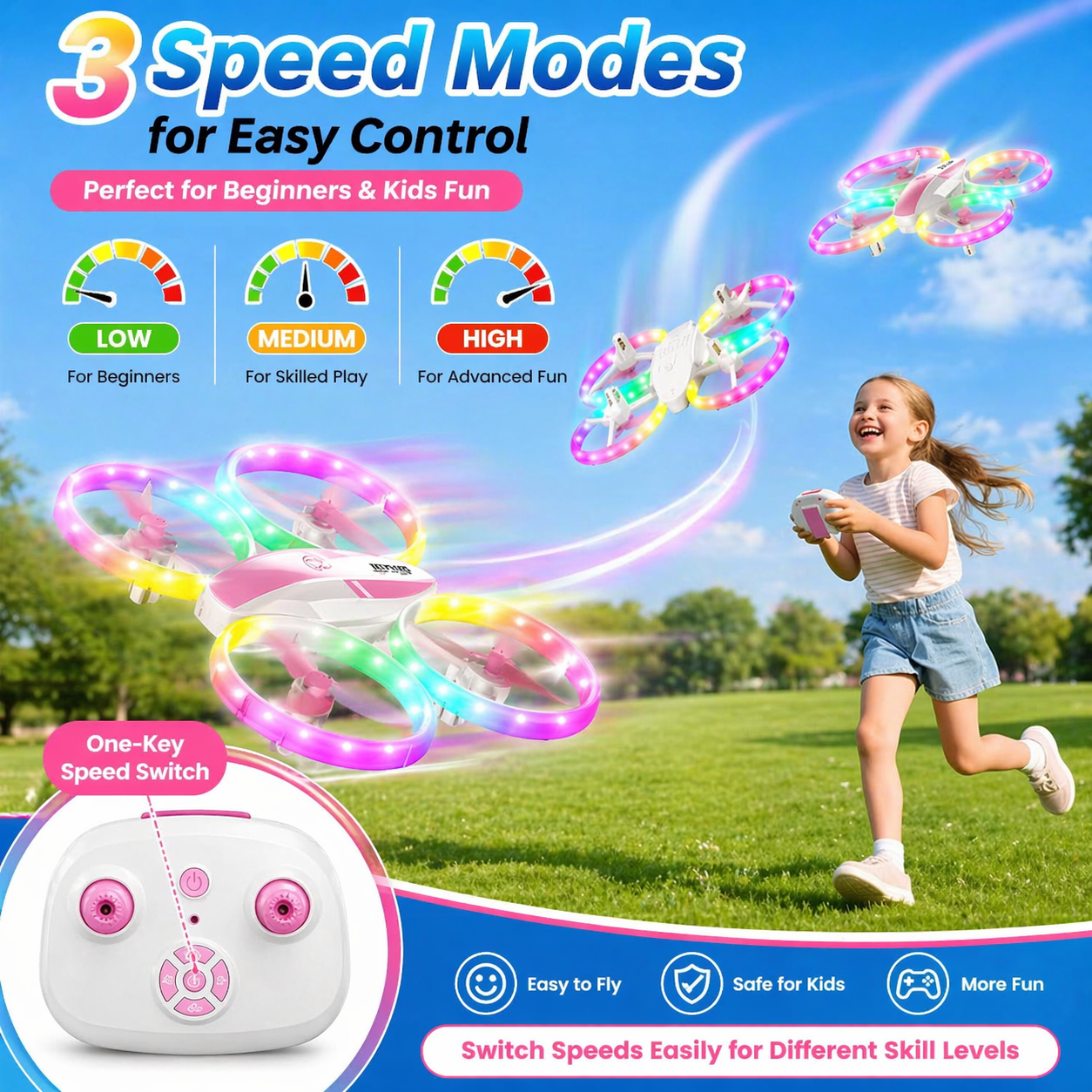 Kid Drone for Kids, Drone for Kid with LED Lights, Mini Drone for Kid, Toy Drone Quadcopter Remote Controls Drone for Children Boys Girls, Small Flying Toy for Kid Pink