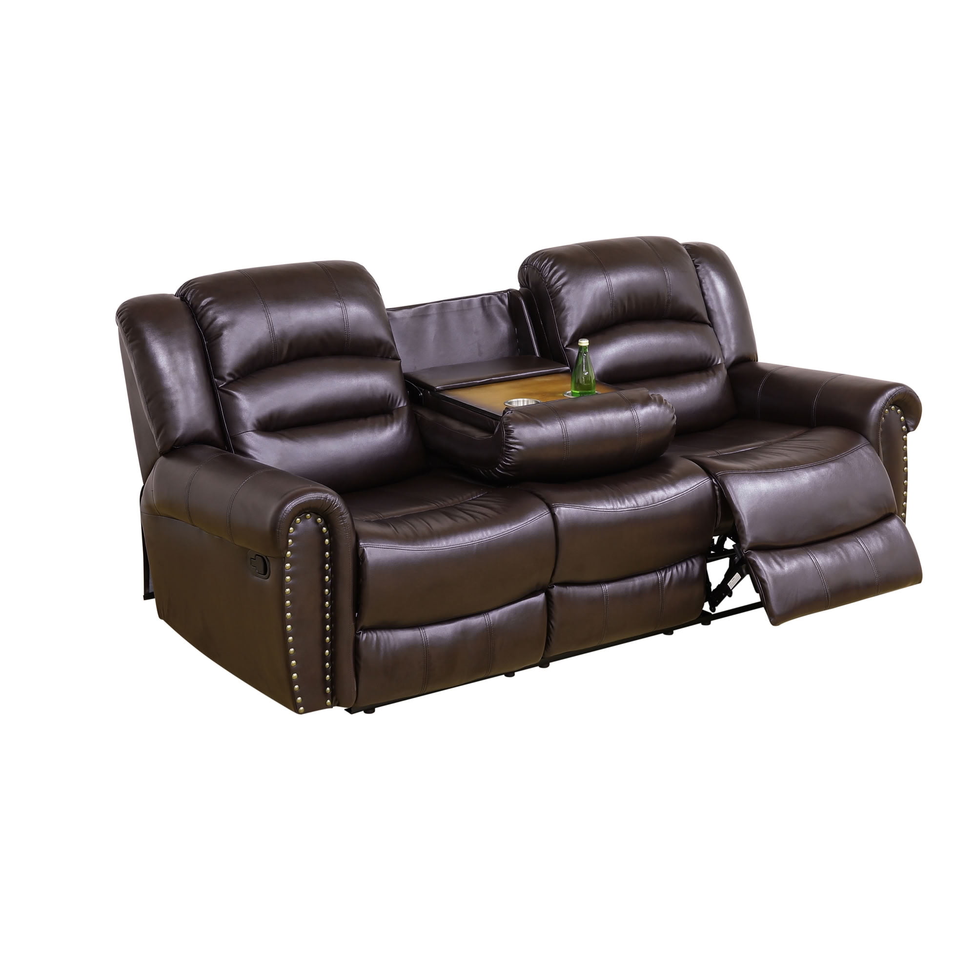 MAYEERTY 3-Seater Recliner Sofa, Breathable Leather Sofa with Reversible Coffee Table for Family Living Room & Home Theater Spaces