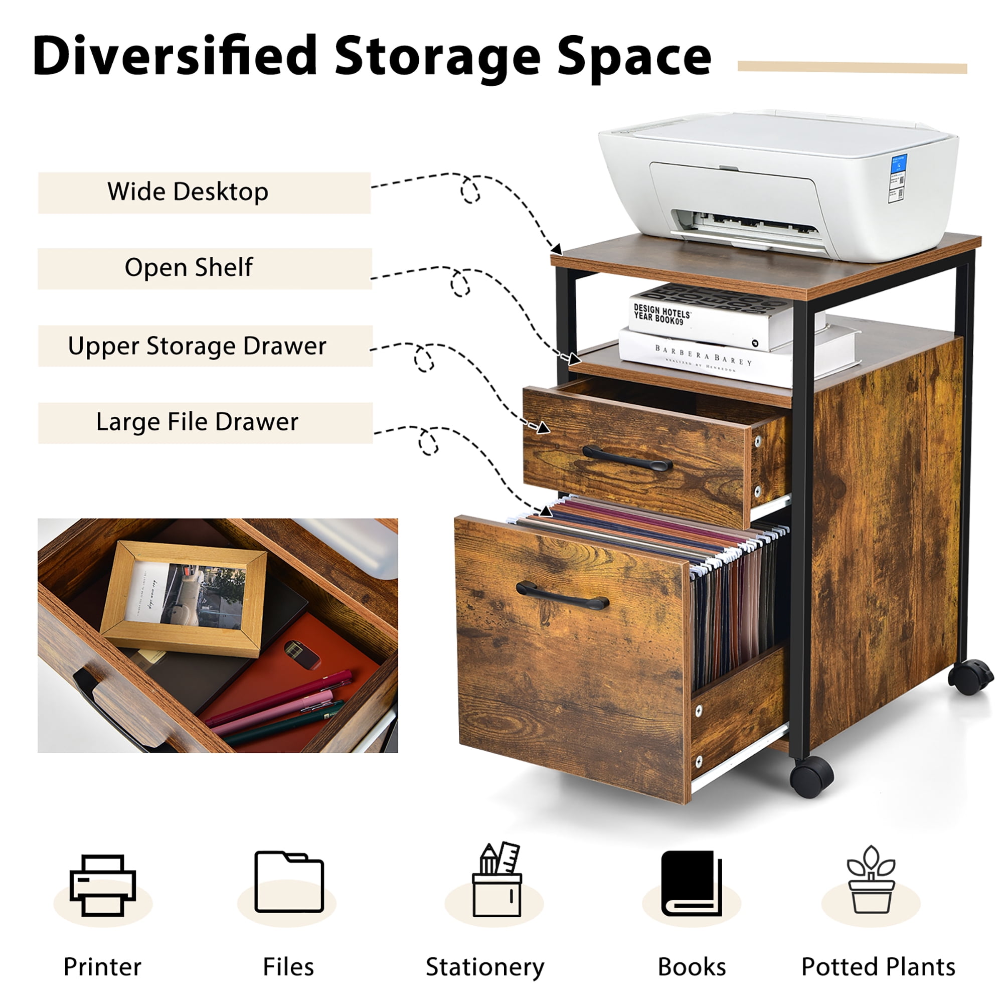 Costway Mobile File Cabinet 2 Drawer Printer Stand w/Open Shelf for Letter Size