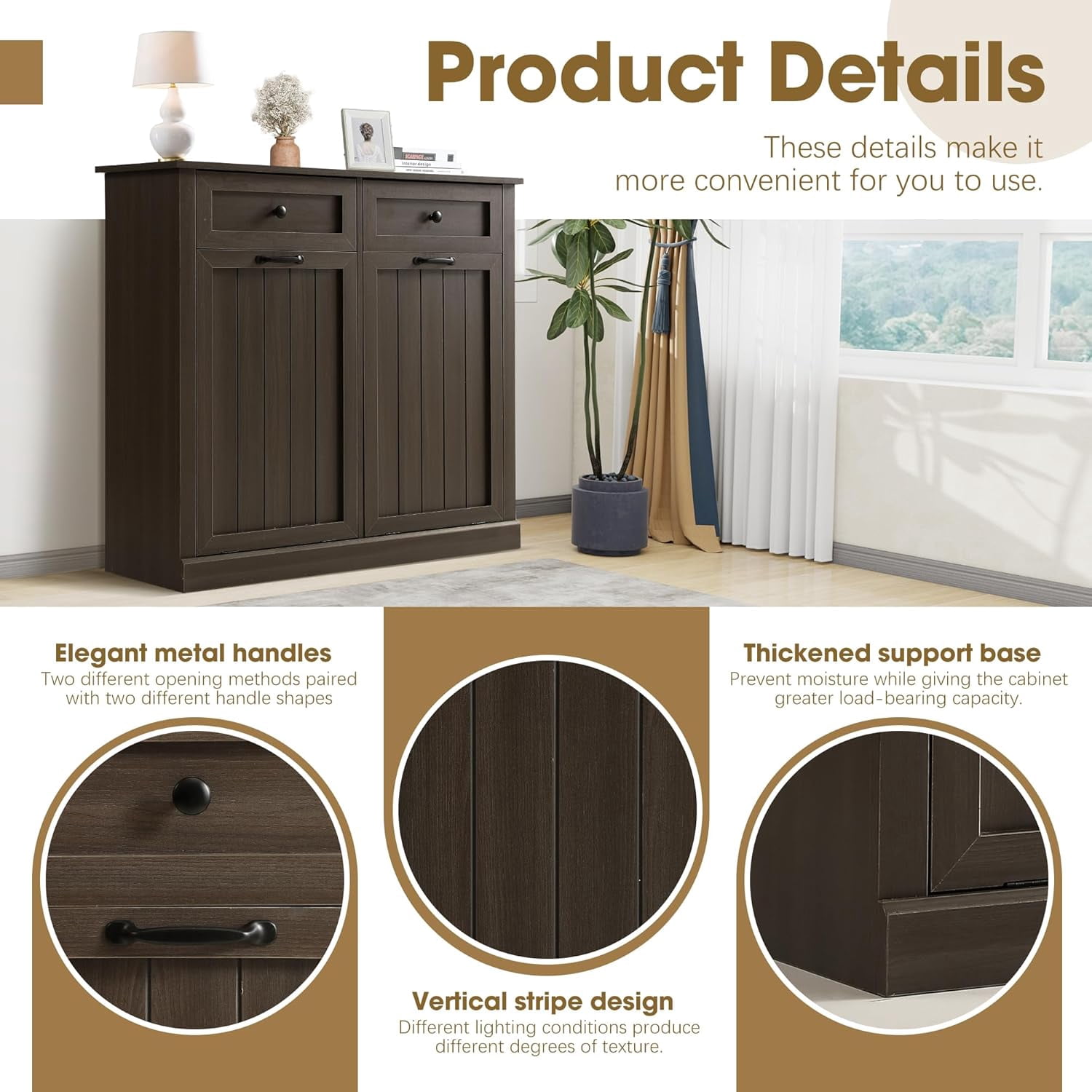 Magic Union Tilt Out Laundry Hamper Cabinet, 22 Gallon Double Hidden Laundry Hamper, Wooden Trash Can Cabinet with 2 Drawers, Farmhouse Garbage Can for Bathroom, Kitchen, Living Room