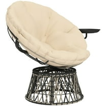 360° Swivel Outdoor Papasan Chair: Overstuffed Circle Chair with Side Tray, Thickened Cushion for Indoor, Patio, Beige