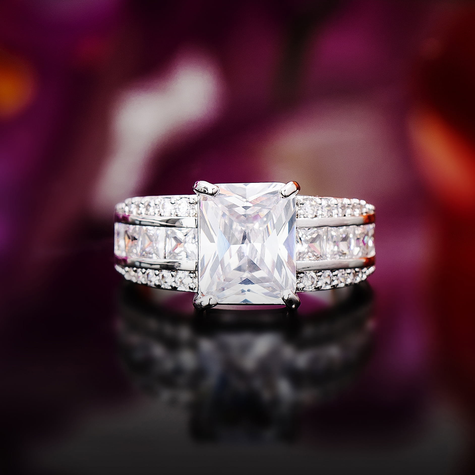 Peermont Emerald Cut Clear Quartz and Crystal Statement Ring in Silver