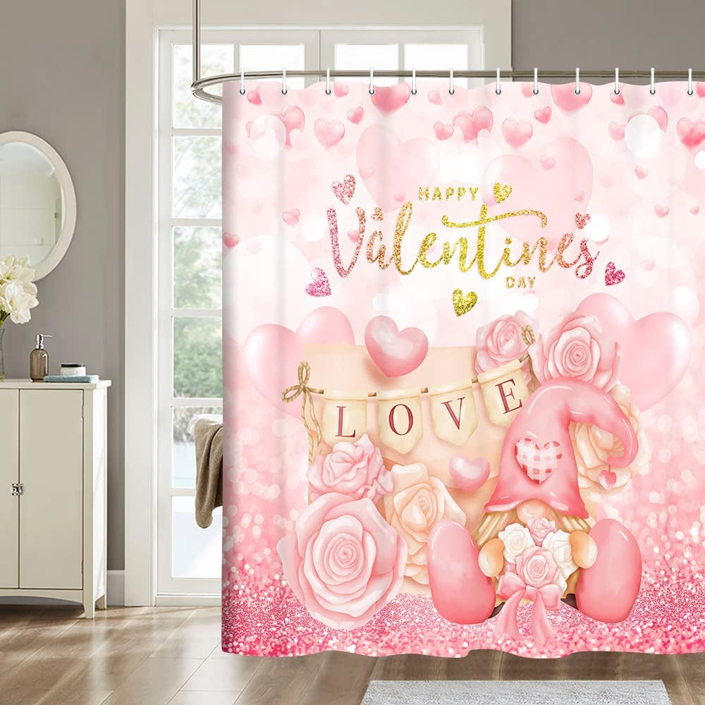Pink Valentine's Day Shower Curtain, Cute Romantic Heart Balloon Rose Gnome Shower Curtain for ...