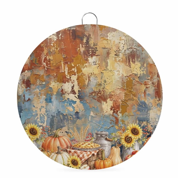 Welcome Sign for Front Door, Thanksgiving Fall Round Metal Wall Art Wreaths, Orange Pumpkins Botanical Farmhouse Outdoor Indoor Wall Hanging Sign for Porch Decor Housewarming Gifts 5.9 Inch