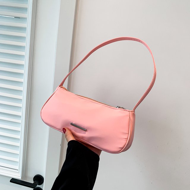 Bolso vagabundo para mujer, bolso de mano sólido con cremallera, bolso de nailon para axilas (rosa)