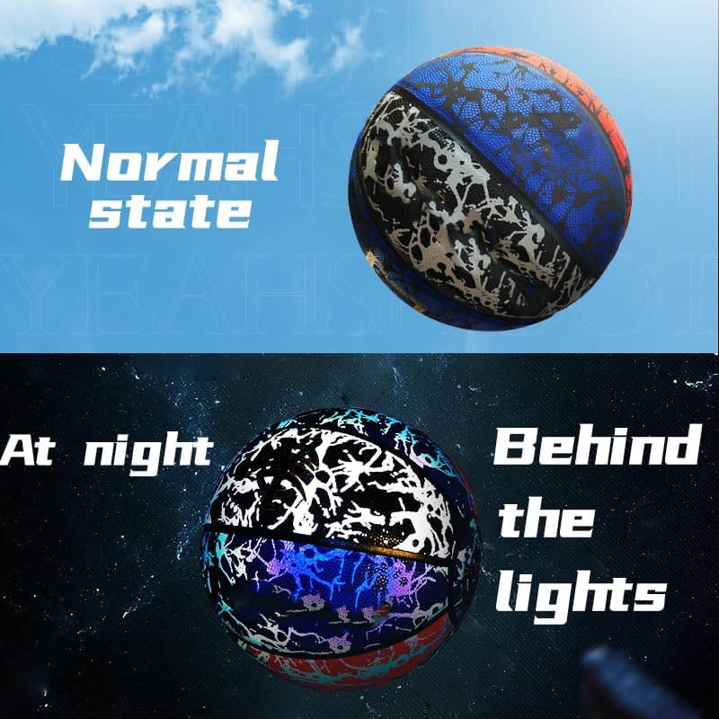 Reflective Basketball, Glow in Dark Design, Light Up Basketball with Pump, Blue Yellow White
