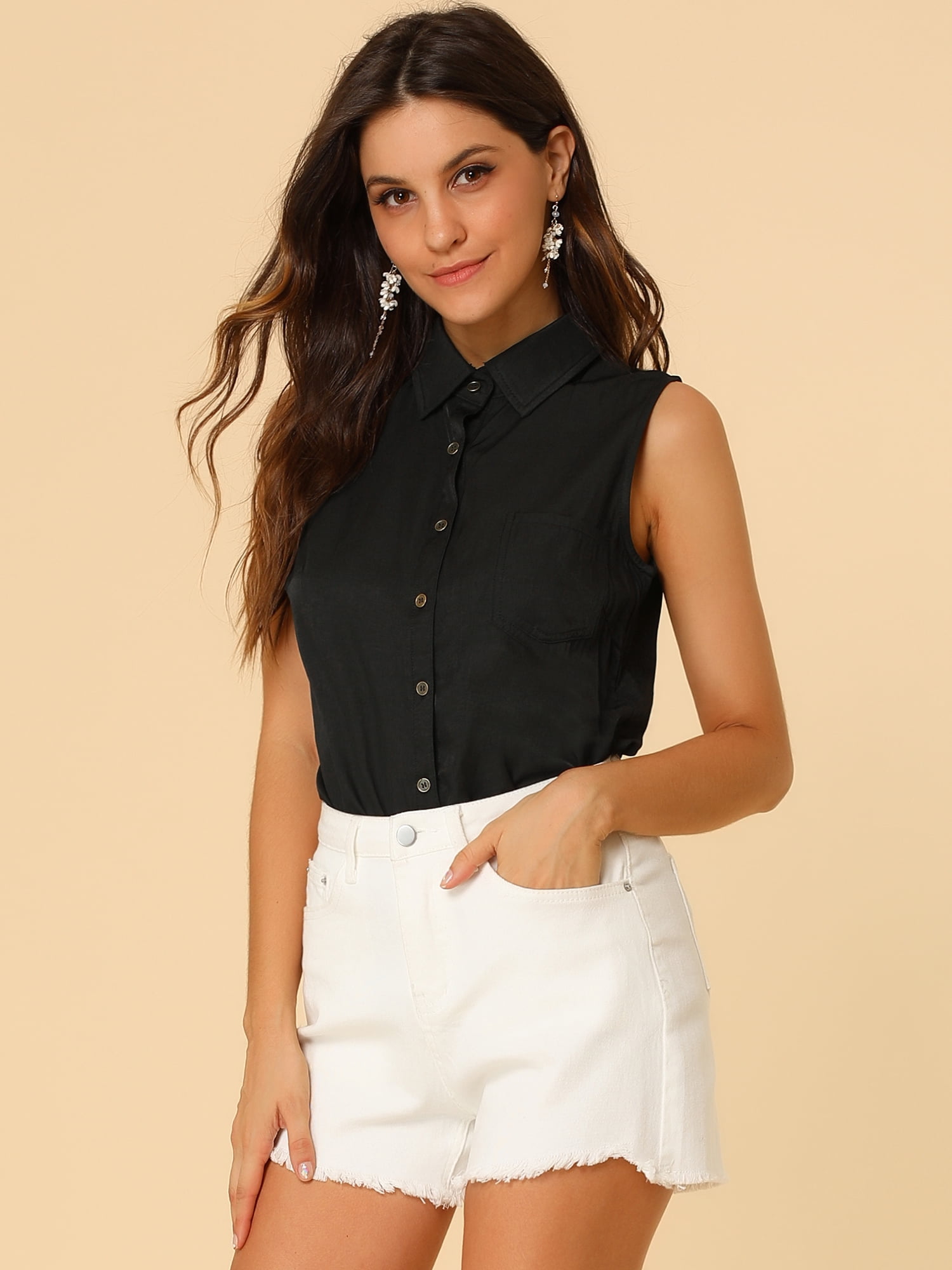 DARING DIVA Women's Single Breasted Point Collar Sleeveless Shirt XL Raven Black