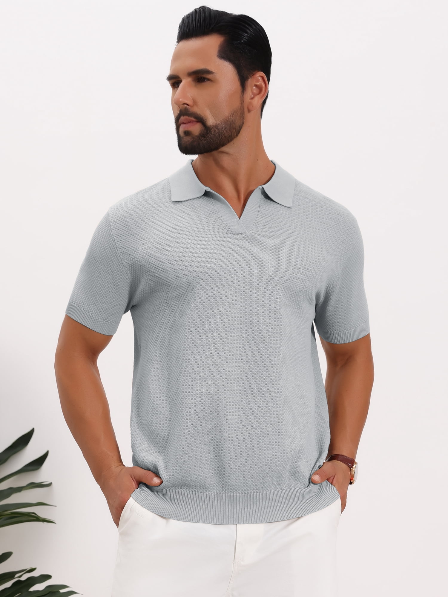 DARING DIVA Men's Textured Knit V Neck Short Sleeve Casual Golf Polo Shirt S Light Gray