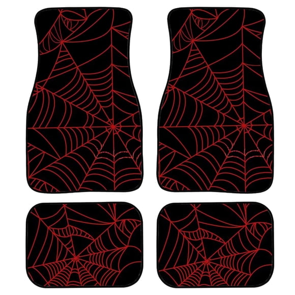 HUIACONG Tapis de Sol de Voiture Toile d'Araignée Rouge Noir 4 Pcs, Tapis de Voiture avant Arrière en Caoutchouc Ajustement Universel Berline SUV Camions Vans Toutes Saisons