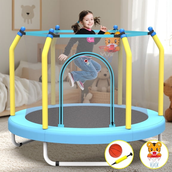 Toddler Trampoline with Basketball Hoop on Clearance for Kids, SEGMART 55" Kids Round Trampoline with Enclosure Net, Heavy Duty Outdoor Recreational Small Trampoline with Ball, Gift for 3 Years