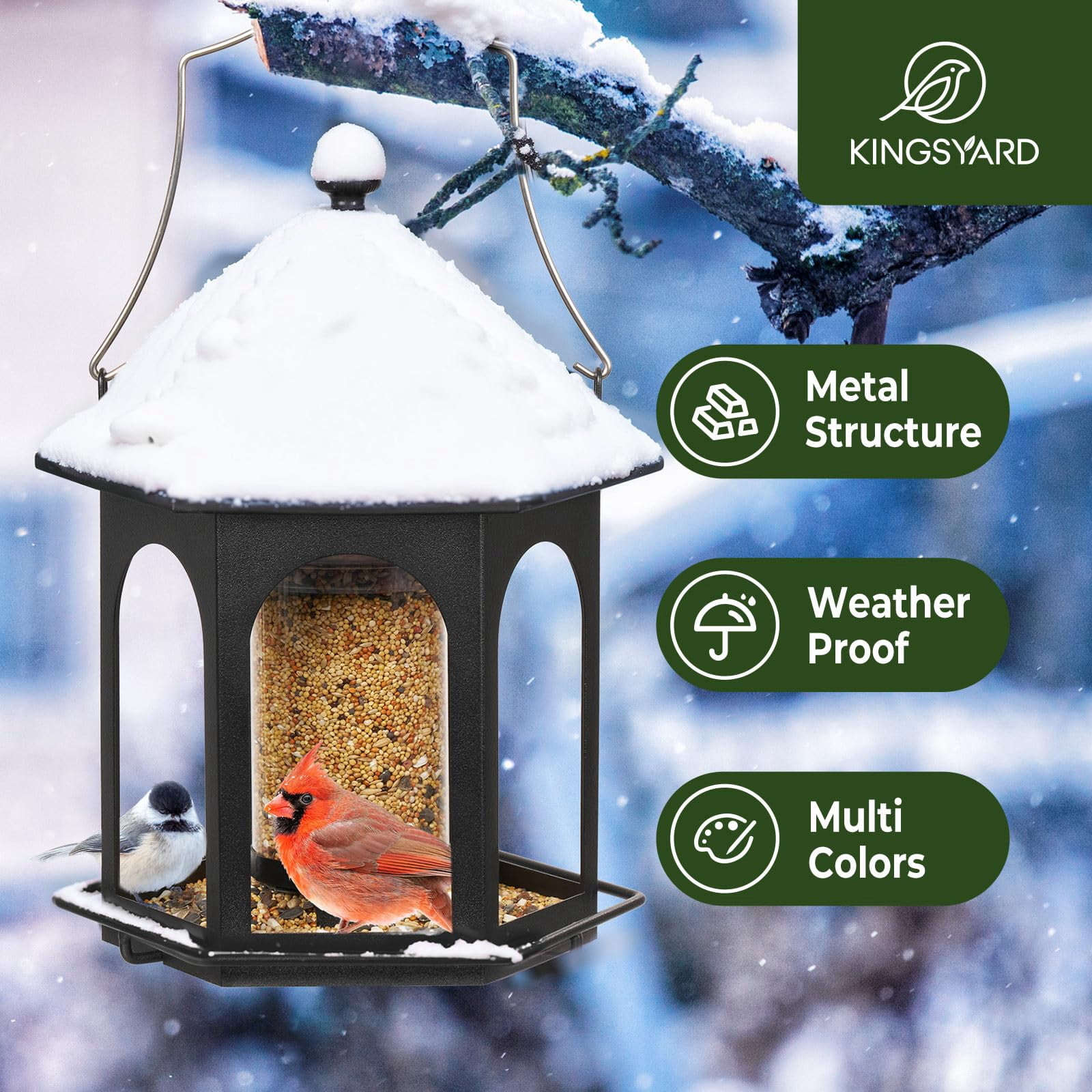 Metal Bird Feeder for Outdoors Hanging, 3 lbs Seed Feeder, Wild Bird Feeders for Garden Cardinal Finch Bluebird, Easy to Fill & Clean