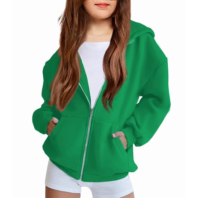 Sudadera con capucha Arshiner de forro polar con cremallera completa para niñas, verde 6