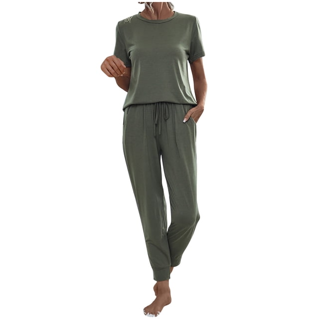 AherBiu Ensembles d'Entraînement pour Femmes 2 Pcs Col Ras du Cou Manches Courtes Hauts Ensemble de Détente Pantalon Taille Haute à Cordon Survêtement
