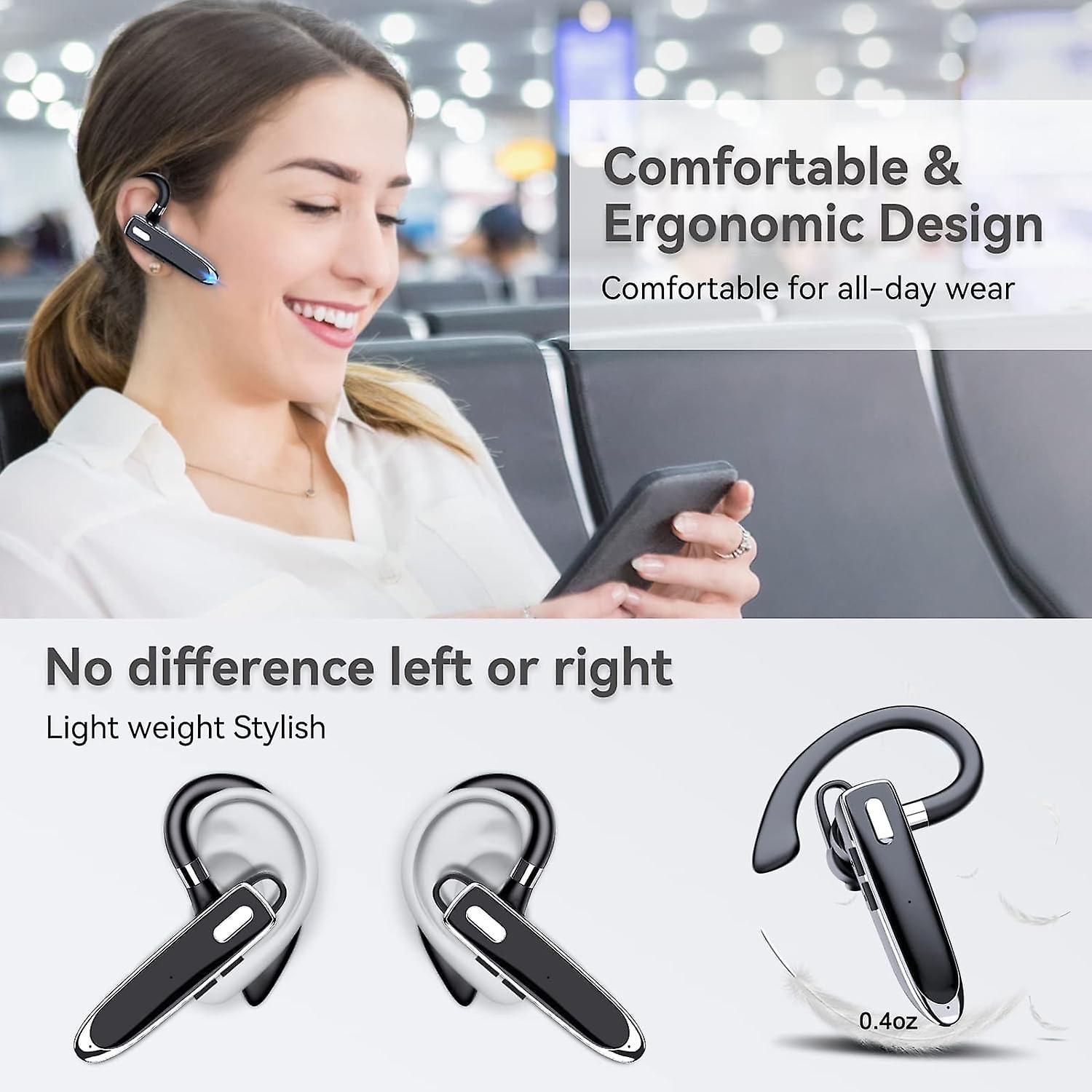 Bluetooth Single Wireless Headset Handsfree Earpiece For Phone, V5.2 In-ear Headphone With Microphone,usb-c Charge, Waterproof Earphones For Driving/b