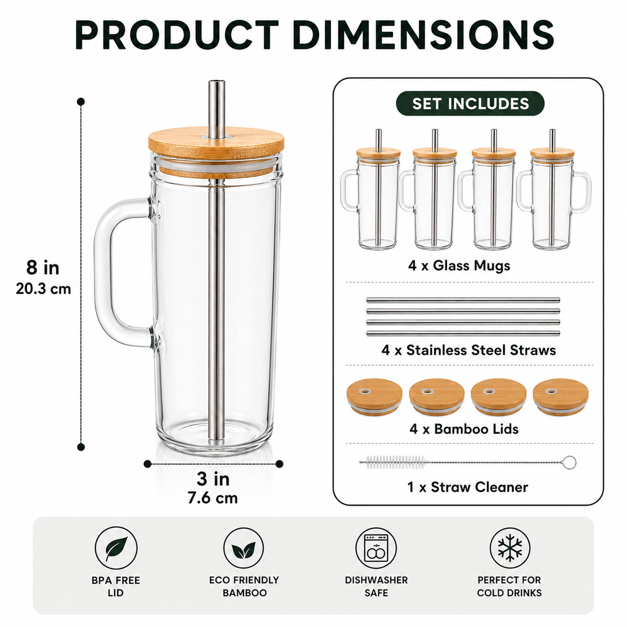4-Pack Glass Tumblers with Handles, Bamboo Lids, Stainless Steel Straws & Cleaning Brush