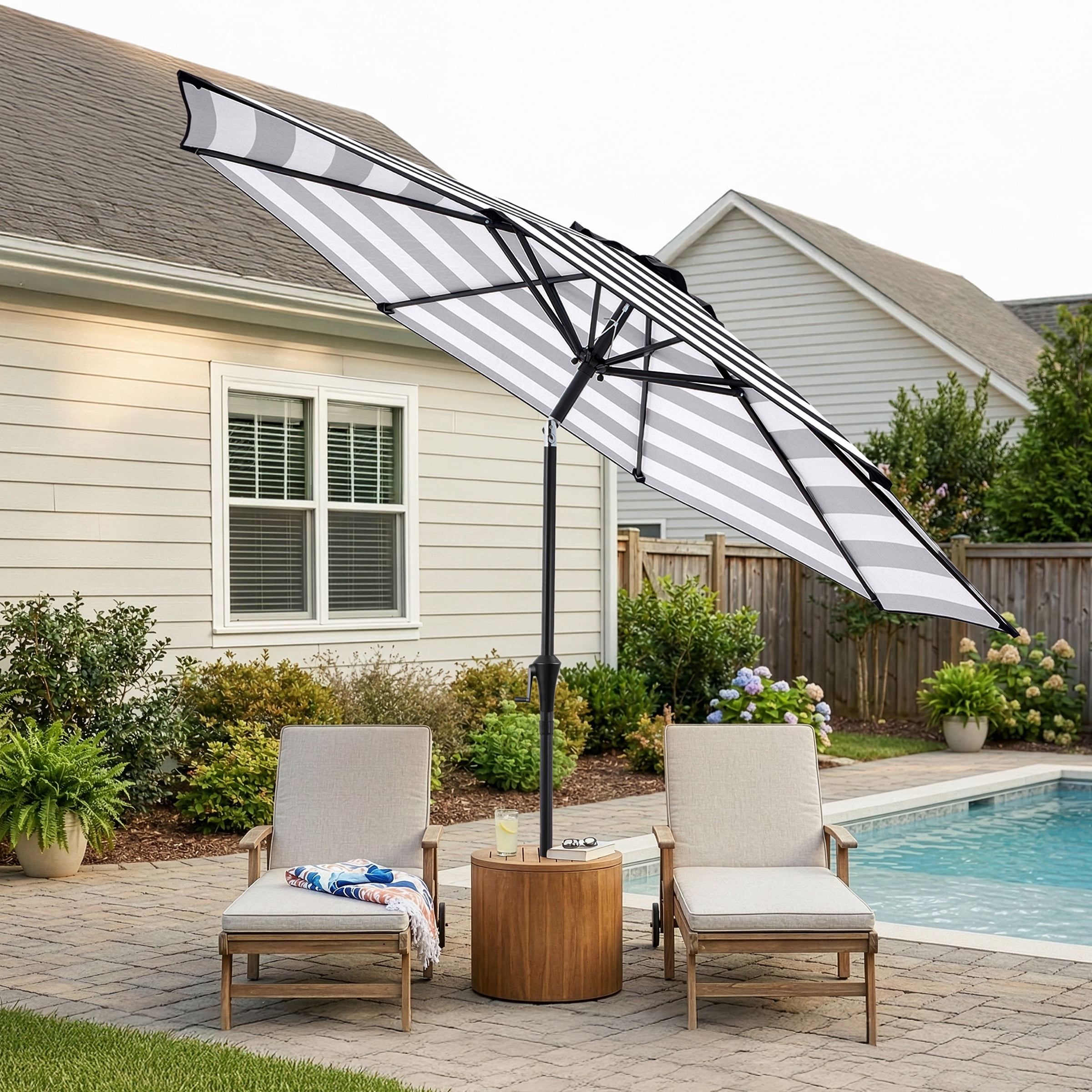Pure Garden 9 Ft Striped Outdoor Patio Umbrella with Tilt, Black and White