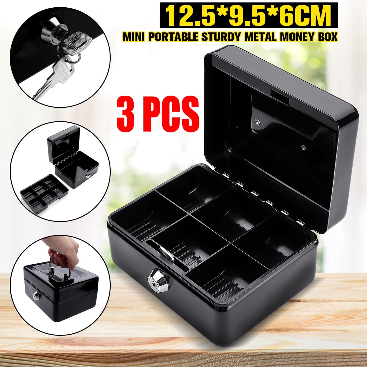 6" Protable Metal Tiered Cash Money Box Lock Locking Bank Safe Key