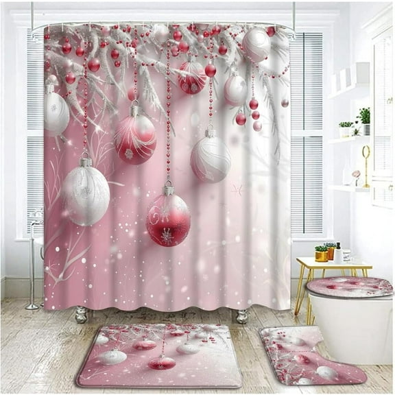 4 Piece Christmas Ball Shower Curtain Set with Rugs, Toilet Lid Cover ,Pink Silver White Xmas Balls Snowflake Pine Tree Twig Dreamy Winter Holiday Happy New Year Bathroom Shower Curtain with Hooks