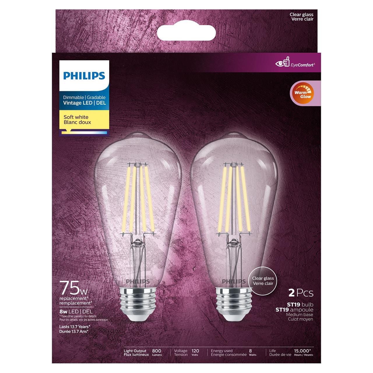 PHILIPS 8W  75W ST19 Medium Base Soft White Warm Glow LED Light Bulbs - Clear Glass, 2 Pack, Philips ST19 LED