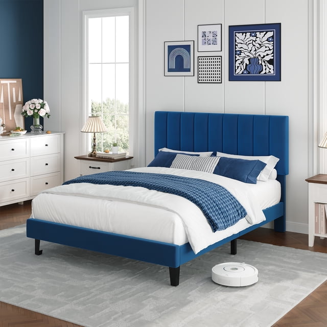 Velvet Upholstered Bed Frame with Adjustable Tufted Headboard, Platform Design, No Box Spring Required, Easy to Assemble