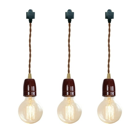

FSLiving H Track Lighting E26 Ceramic Base 2 Feet Brown Twisted Cord Pendant Light Fixture Mini Contracted Design for Entryway Dorm Loft Corridor Living Room(No Bulb No Track) - 3 Lights(Brown Socket)