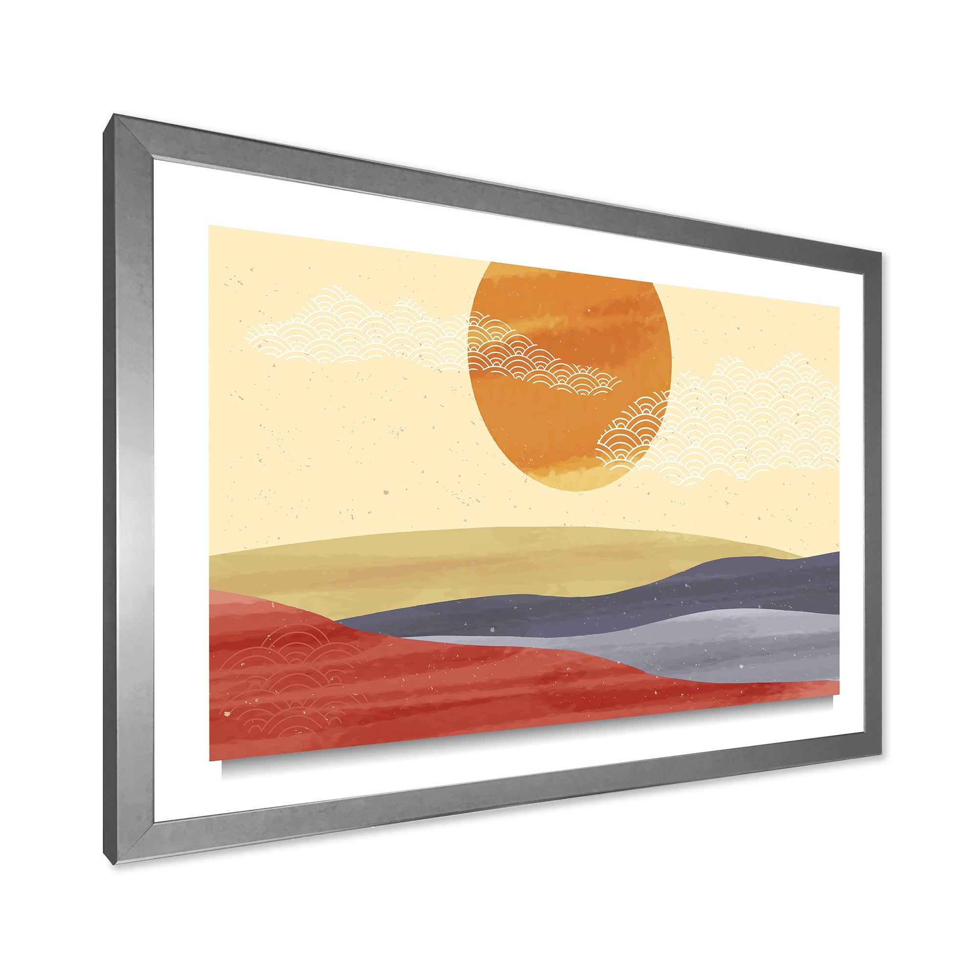 Designart 'Abstract Minimalistis Landscape Mountain & Moon' Modern Framed Art Print