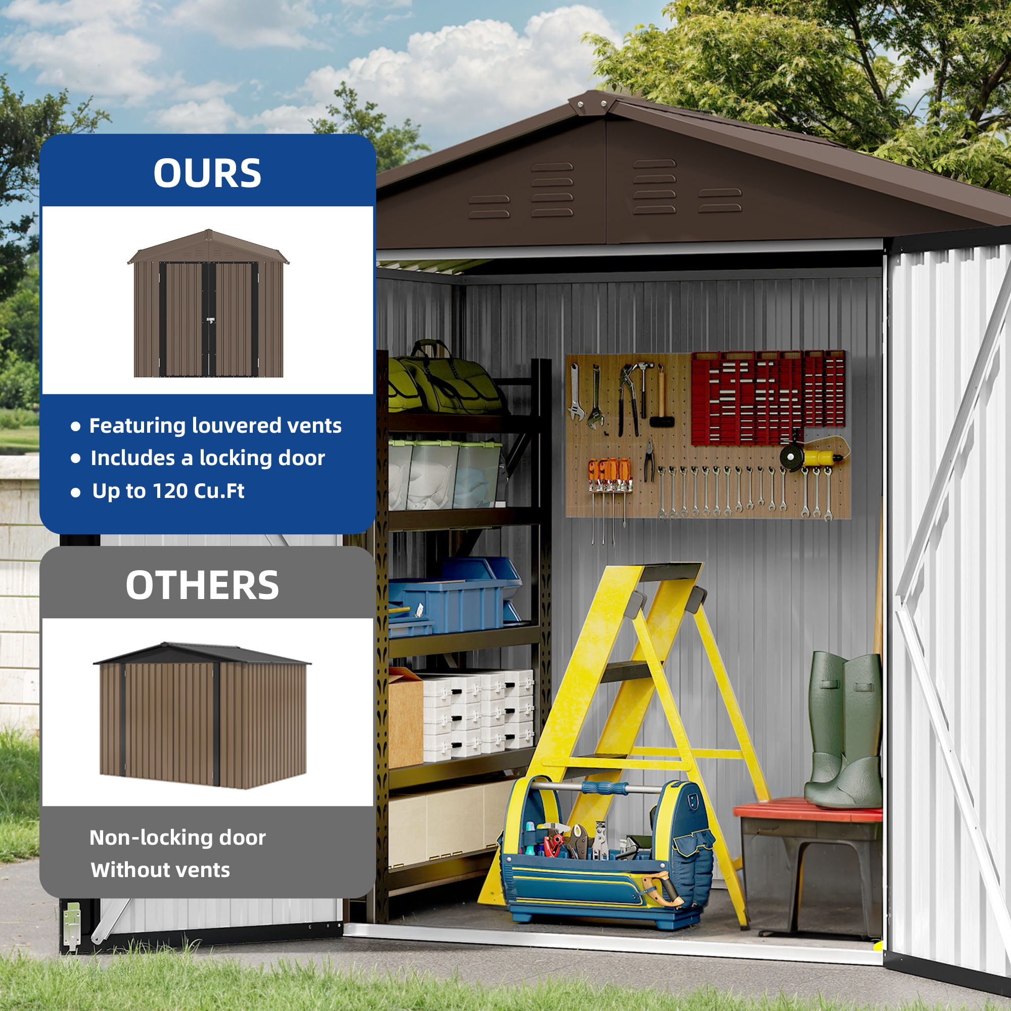 Uforic 6 Ft x 4 Ft Outdoor Tool Shed with Air Vents & Lockable Doors for Bikes & Tools, Brown