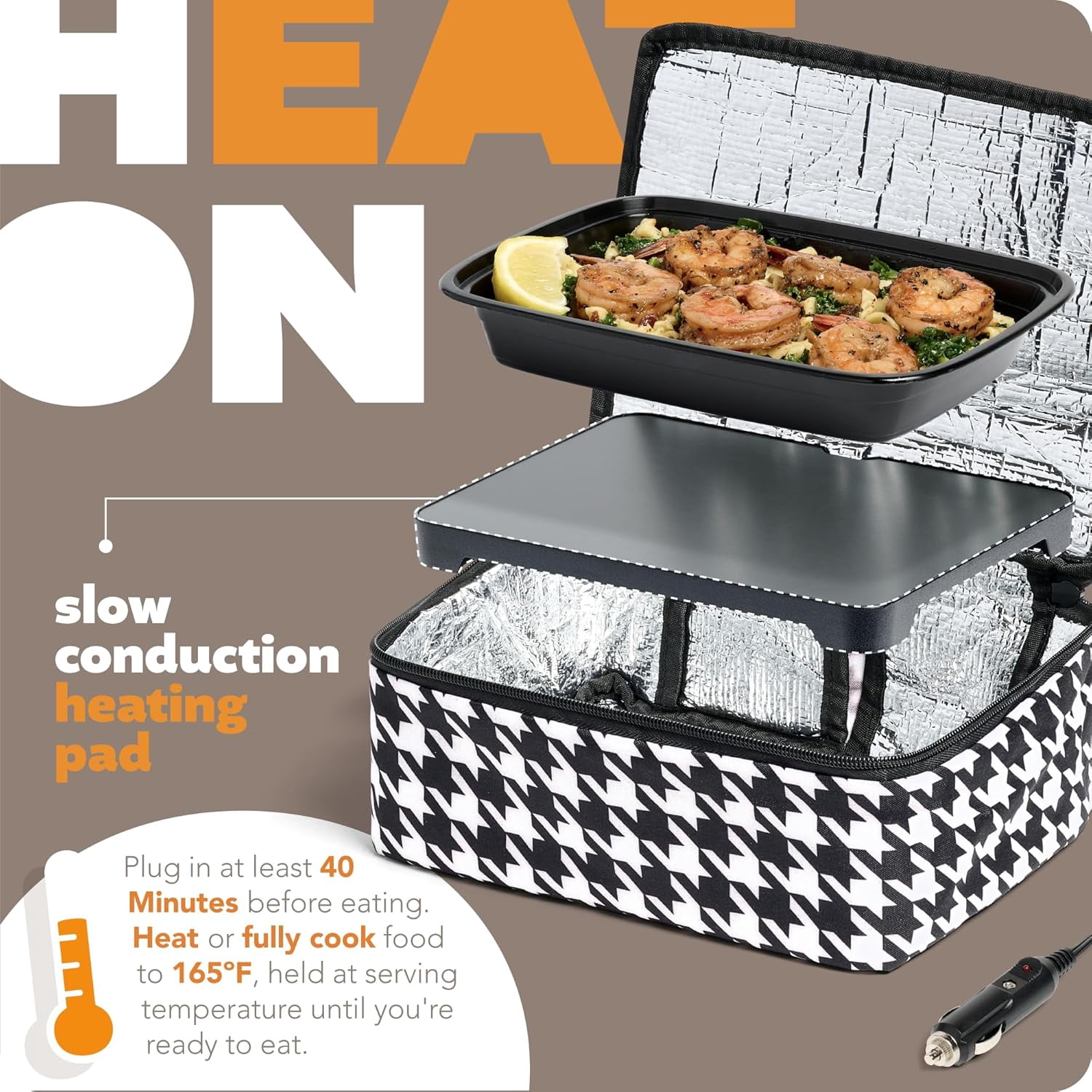 HOTLOGIC Mini Portable Electric Lunch Box Food Heater - Innovative Food Warmer and Heated Lunch Box for Adults Car/Home - Easily Cook, Reheat, and Keep Your Food Warm - Houndstooth (12V)
