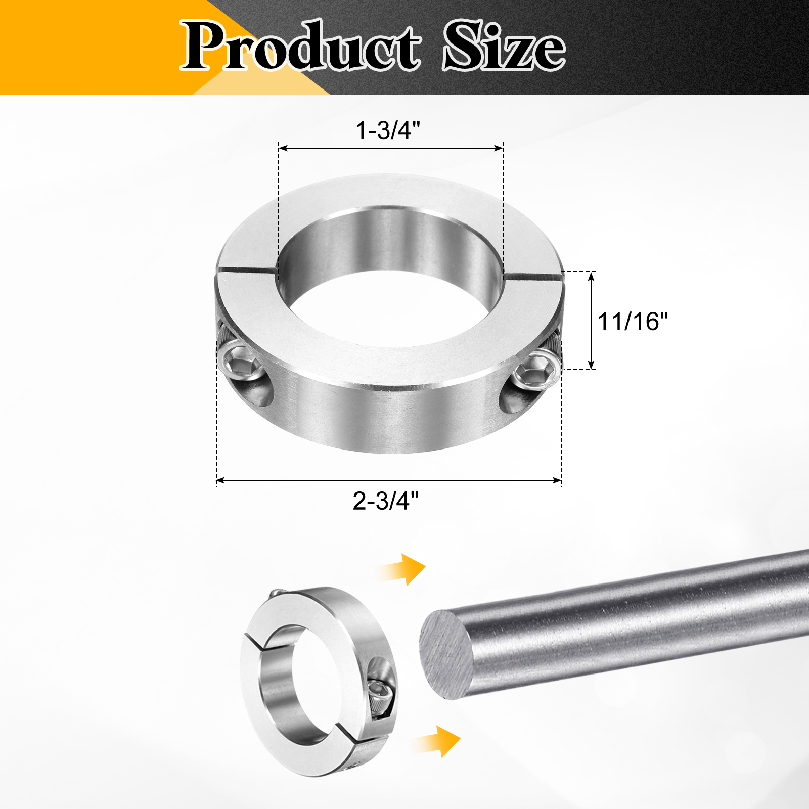 Uxcell Double Split Shaft Collar 1-3/4" Bore, Two Piece Clamping Collar 2-3/4" OD 11/16" Thickness, 303 Stainless Steel Set Screw Split Collar