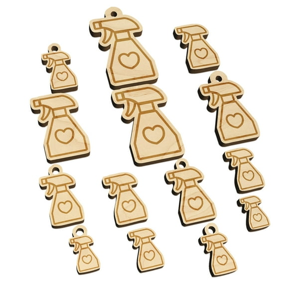 Spray Bottle with Heart Wood Mini Charms Shapes DIY Craft Jewelry - With Hole - Various Sizes (16pcs)