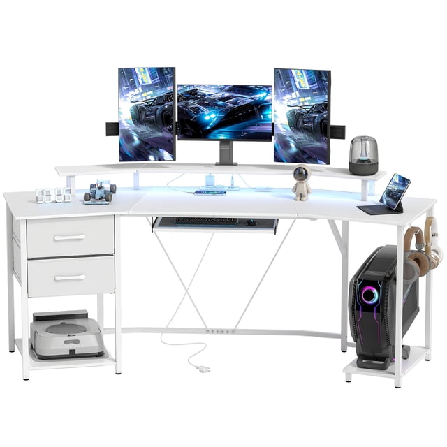 79" White Gaming Desk with RGB Lights, Curved Computer Table with Power Outlets, USB Ports, Monitor Stand, Keyboard Tray & 2 Drawers for Home Office, Game Room or Bedroom