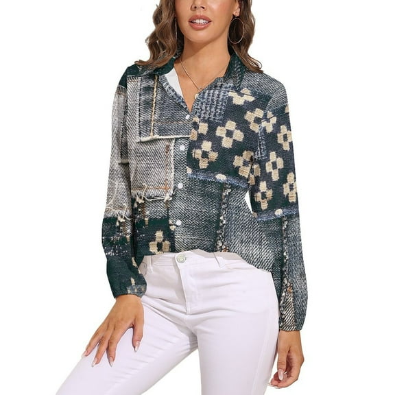Denim Patchwork Long Sleeve Blouse Woman Streetwear Casual Shirts Summer Oversize Woman Streetwear Clothing Birthday Present