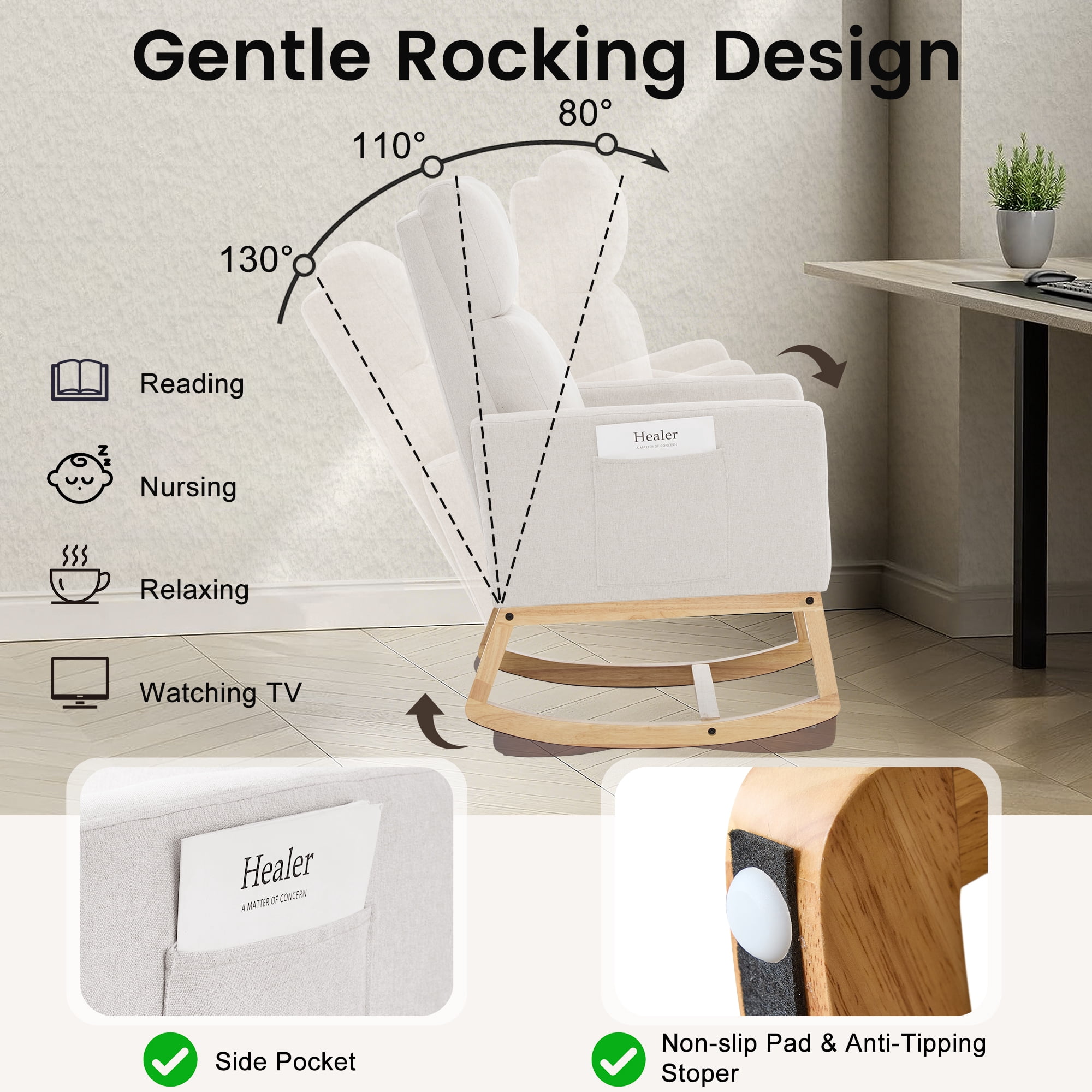 SAETSFEG Rocking Chair Nursery, Comfortable Upholstered Glider Rocker Chairs Indoor for Adults, Mid-Century Modern Nursing Accent Rockers for Living Room, Bedroom, Ivory