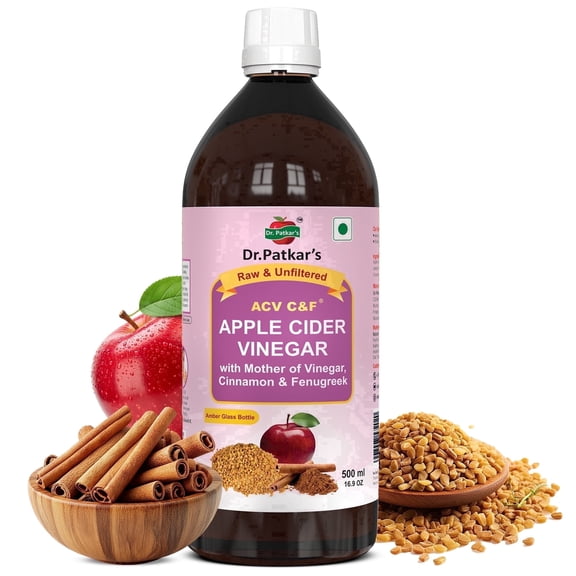 Dr. Patkar's Apple Cider Vinegar with Cinnamon Fenugreek Unfiltered Undiluted with Mother Suitable for Sugar Control, pack of 1, 500 ml