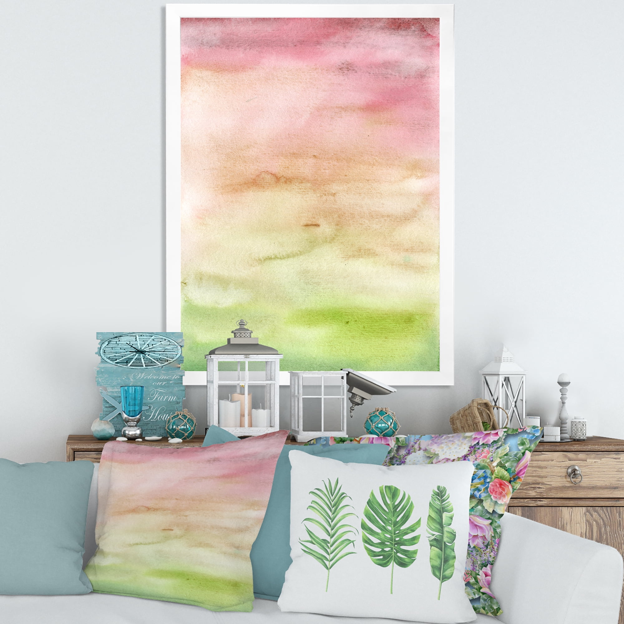 Designart 'Abstract Sunset With Pink Green and Beige' Modern Framed Art Print