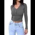 thumbnail image 3 of Camisas de Larga para Mujer, Ropa de Otoño, Blusas Henley, Blusas Informales de Negocios Acanaladas, Conjuntos de Moda. Gris Oscuro M, 3 of 8
