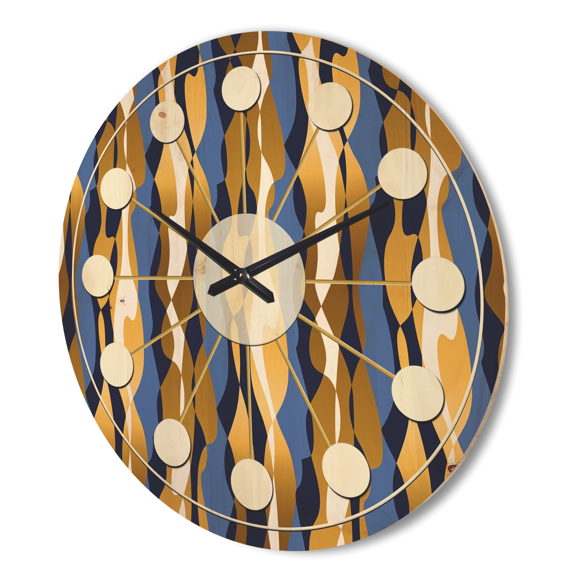 Designart 'Retro Luxury Waves In Blue and Gold I' Mid-Century Modern Wood Wall Clock
