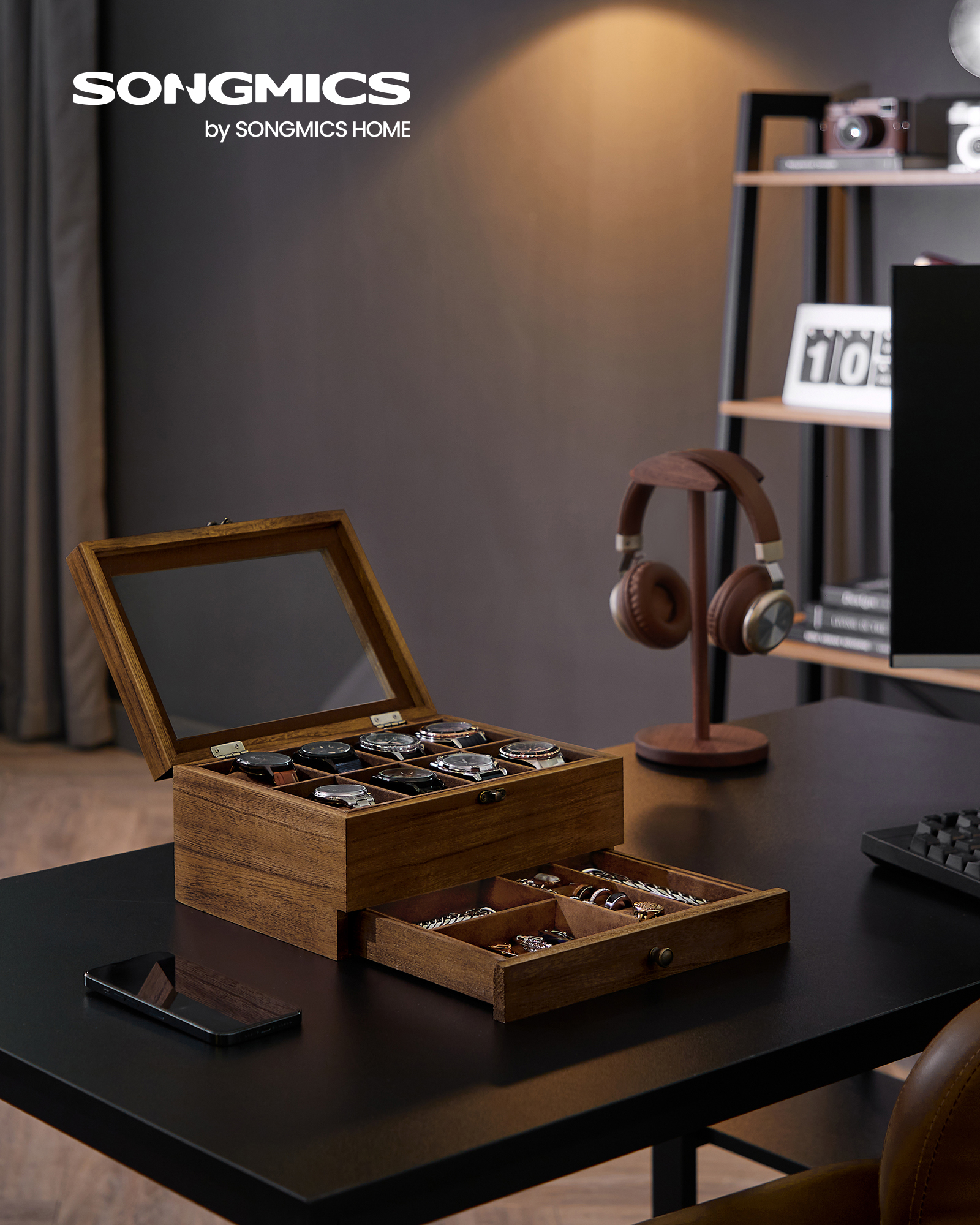 SONGMICS 2-Tier Rustic Walnut Watch Display Box photo 2