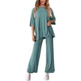 thumbnail image 6 of WTOBBY Women's Loose Fashion Solid Color Split Hem Round Neck Short Sleeve Top and Long Pants Two Piece Casual Summer Set for Women,Turquoise 2XL, 6 of 6