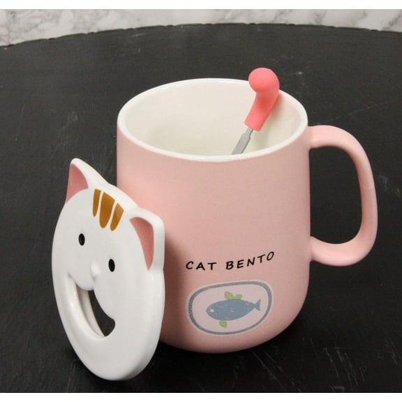 Ebros Coffee Mug Cup With Handle Spoon And Lid 14oz Cats Mugs (Pastel Pink)